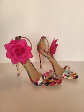 JustFab Multicolor Floral Stiletto Sandals with Hot Pink Rose